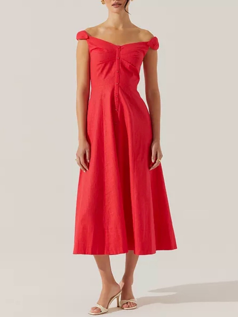 Astr Charelin Off-Shoulder Button-Down Coral-Red Midi Dress